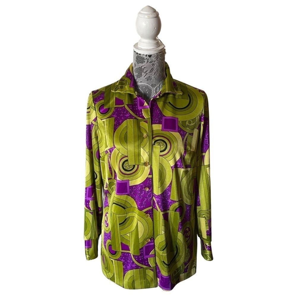 Vintage 70s Pykettes Printed Long Sleeve Button Down Shirt Green Purple
